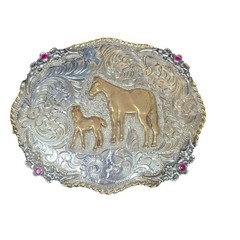 Vintage Silverado Sterling Silver Red Stones Brass Belt Buckle 121g Horse Foal