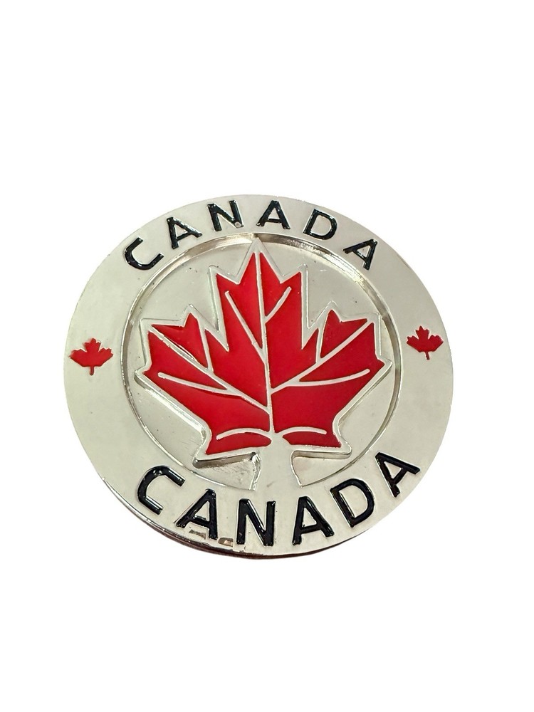 Vintage Canadian Flag Round Belt Buckle Maple Leaf Chrome Red Black Canada Day