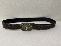 Men’s Size 33&Prime;-38&Prime; Brown Embossed Western Belt W/ Longhorn Buckle, Studded Edge