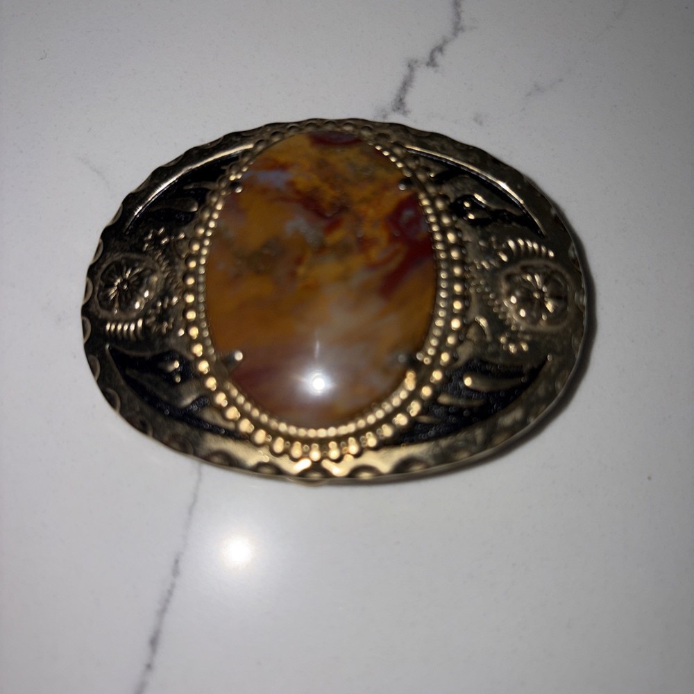 Vintage Gold Tone Western Belt Buckle Natural Polished Stone Center 3&Prime;×2&Prime;