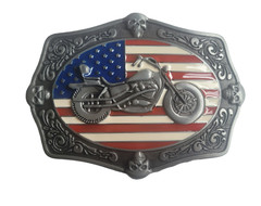 Silver Finish Biker XL Belt Buckle American Biker Belt Buckle US Flag Motorcycle