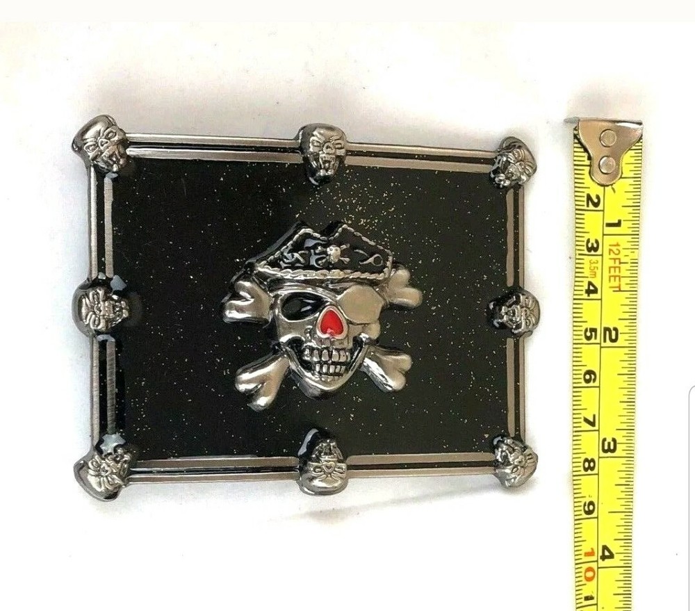 BELT BUCKLE – Skull and Bone Black & Silver Pirate – 5&Prime; by 4.5&Prime;