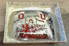 Vintage OU Oklahoma Sooners Belt Buckle Hand Crafted Johnson Held Enamel Silver