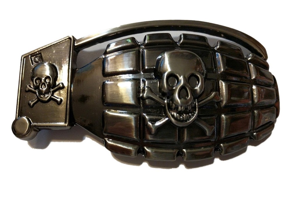 ♈ SKULL GRENADE Pirate ♈ Gun Metal Color large 4.6&Prime;x 2.5&Prime; Skeleton Belt Buckle