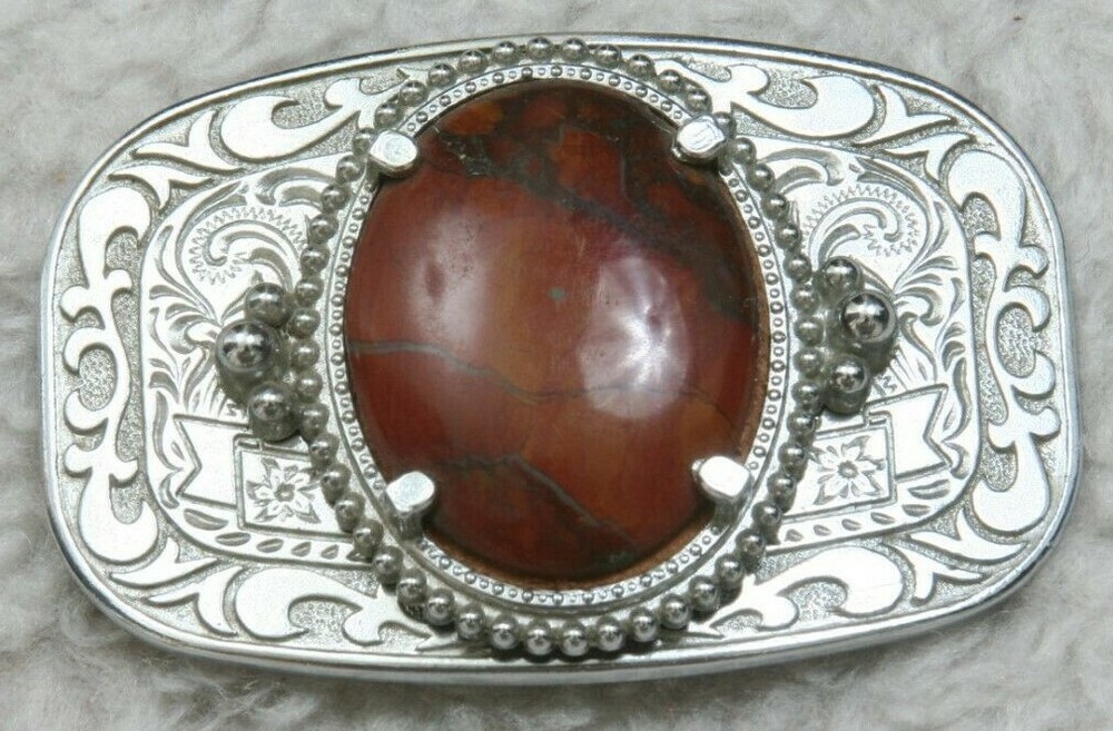 Vintage Silver Belt Buckle Metal Paisley Design Brown Stone Decorative BB11