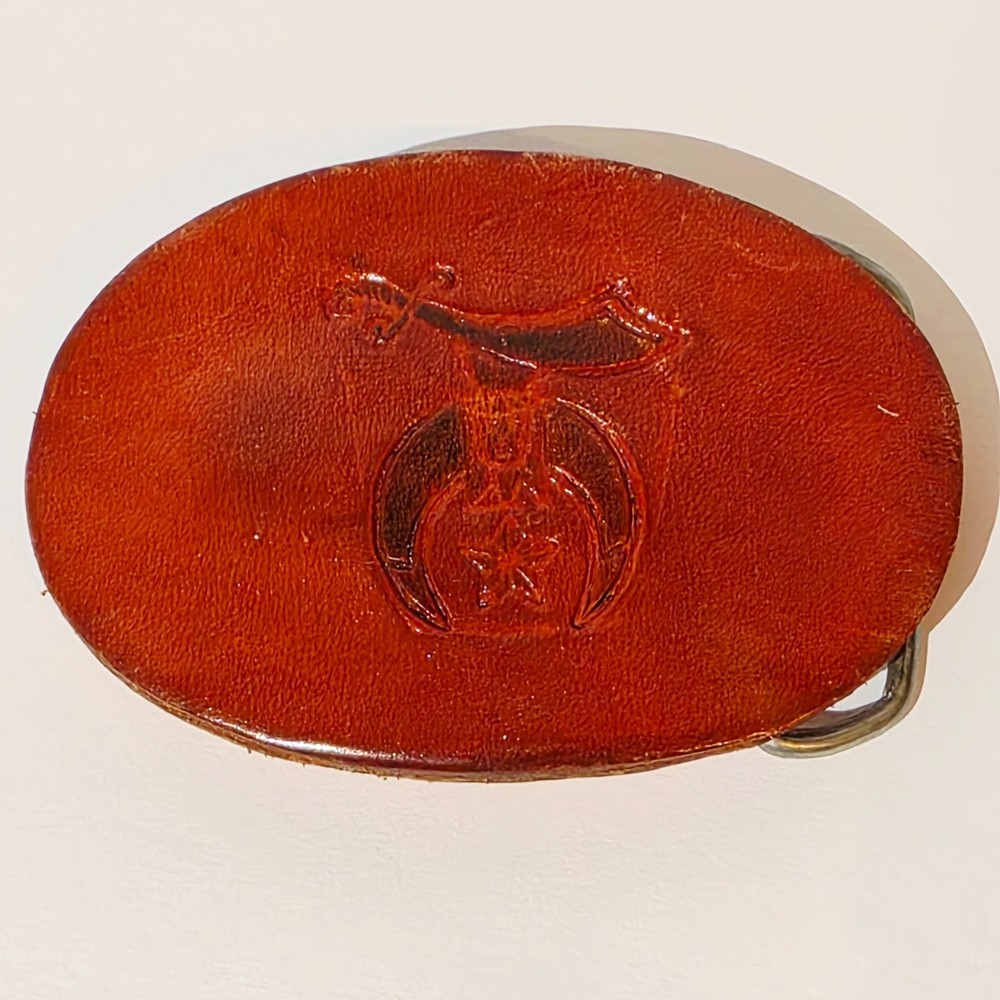 Vintage Shriners Tooled Leather Masonic Belt Buckle Masons Temple Brown
