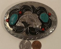 Vintage Metal Belt Buckle, Silver and Turquoise, Bass, Fishing, Hand Crafted