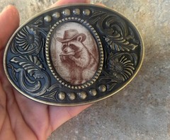 Raccoon Playing Harmonica Belt Buckle Antique Gold Fits 1.5 Inch Strap