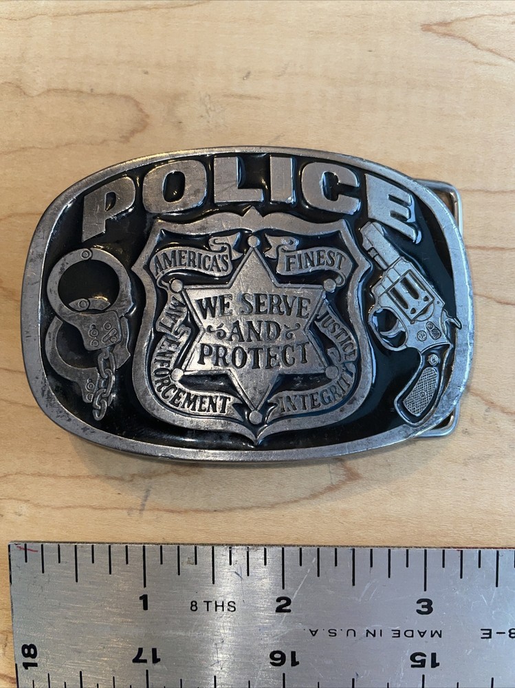 Police America Finest Law Enforcement We Serve and Protect Belt Buckle 1988 USA