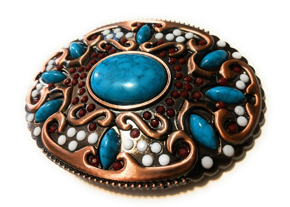 ✖ HQ NATIVE AMERICAN copper turquoise Cowboy Rodeo Style Belt Buckle Heritage US