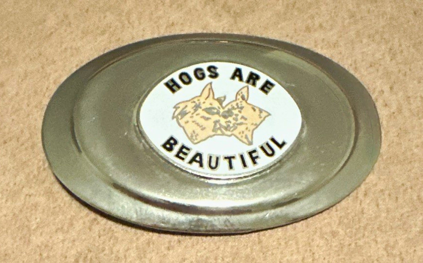 Oval Western Metal Belt Buckle « Hogs Are Beautiful » Hog/Pig Graphic Silver
