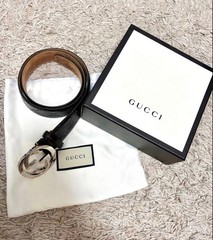GUCCI buckle belt interlocking G hardware Made in Italy Silver Black With Box