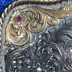 Vintage Montana Silversmiths Sterling Silver Plate Belt Buckle W/Rubies & Gold