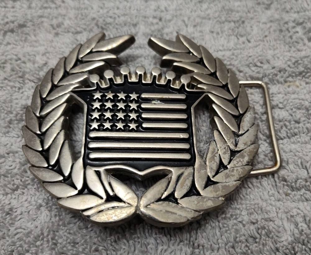 Vintage Famous Stars and Straps American Flag Cadillac Chrome Belt Buckle 8387🔥