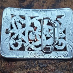 Western Metal Belt Buckle Bull Rider Scroll Engraved Silver Copper Tone 1.5in