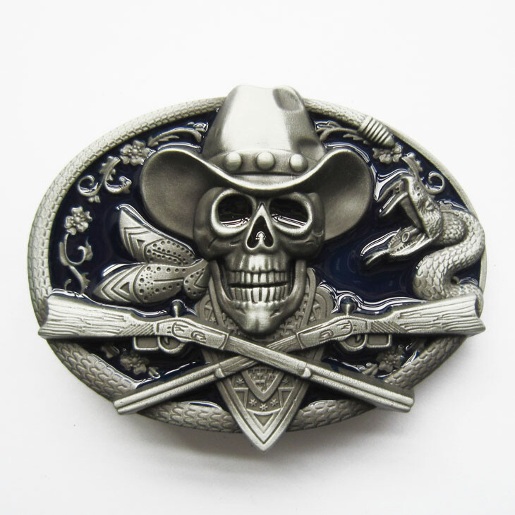 Cowboy Skull with Rifles Western Blue Enamel Belt Buckle