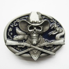 Cowboy Skull with Rifles Western Blue Enamel Belt Buckle