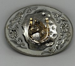 Vintage Horse Head In Horseshoe Western Belt Buckle Hibiscus Amapola FlowerVine