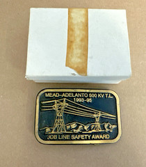 Vtg Solid Brass Belt Buckle Mead-Adelanto 500 KV T.L. Job Line Construction Dyna