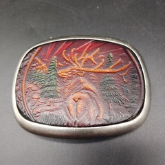 Tooled Leather Wildlife Elk in Metal Belt Buckle