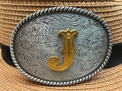 Western Cowboy Antique Engraved Initial J Rope Edge Oval Belt Buckle