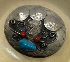 Vintage Buffalo Nickel Belt Buckle Turquoise Coral Southwestern Western Silver