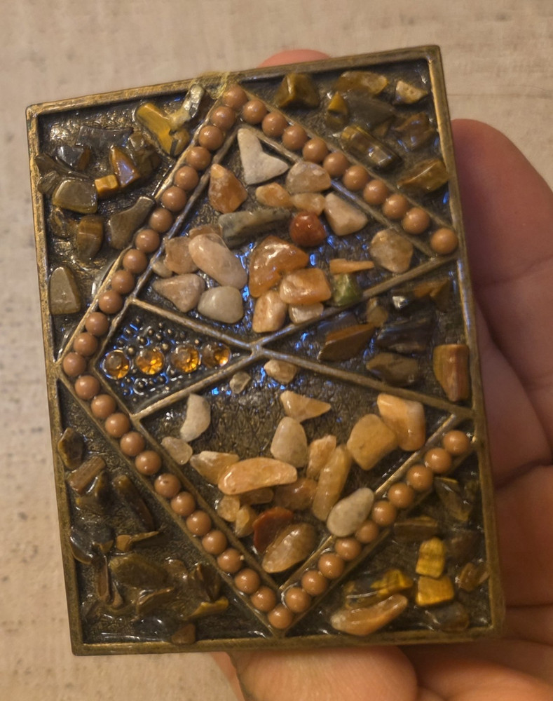 Western Geometric Mosaic Stone Inlay Brass Tone Clip Buckle