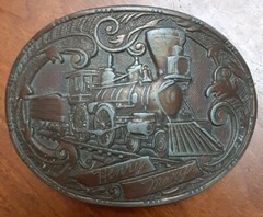 STEAM ENGINE RAILROAD TRAIN LOCOMOTIVE BRASS TONED BELT BUCKLE