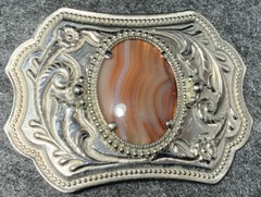« Banded Agate” Belt Buckle 3-1/2 » L X 2-1/2” Heavy: 3.5 oz. Nickel