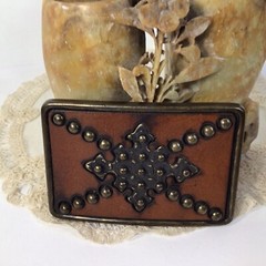 Brass Leather & Studs Belt Buckle~Brown/ Gold Handcrafted ~UNIQUE ~FREE SHIPPING