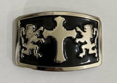Mens Belt Buckle Black Silver With Double Lions and Cross 4×3” Vintage