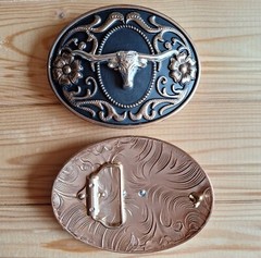 BIG Long horns bull flowers oval western country black & gold belt buckle