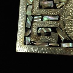 Mexican Alpaca Silver Abalone Shell Inlay Aztec Calendar Belt Buckle Western