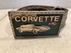 Vintage Corvette Leather Belt w/ Metal Car Belt Buckle Black Chevy Chevrolet