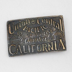 Vtg Union & Central Pacific Belt Buckle Railroad Line Omaha to California Brass
