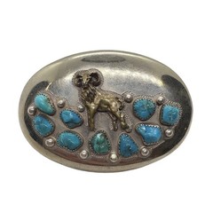 Vintage Ahumada & Sons Baboquivari Turquoise Ram Belt Buckle Silver Tone Oval