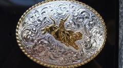 CRUMRINE Belt Buckle BULL RIDER M&F Western silver and gold tone c06150