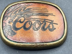 Vintage Coors Banquet Beer Brass & Leather Belt Buckle