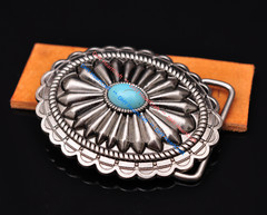 Vintage Silver Southeast Western Tribal Floral Turquoise Men&rsquo;s Belt Buckle 40mm