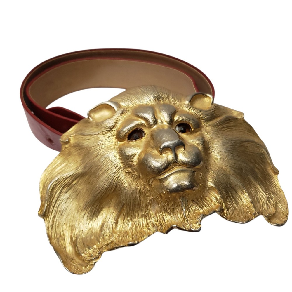 CHRISTOPHER ROSS LION HEAD 1984 GLASS EYES BUCKLE & RED BELT 24kt GOLD PLATED