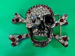 Pirate Skull Head Crossbones Red Clear Rhinestone Covered Costplay Belt Buckle