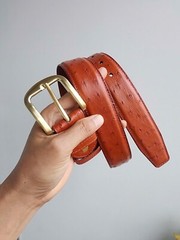 3.8CM Brown 100% Genuine Body Ostrich Leather Skin Men Belt Buckle- Handmade