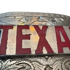 Vintage Texas State Western Cowboy Rodeo Belt Buckle Red Letter Silver Tone