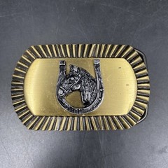 Vintage Texture Brass Horse Head Horseshoe Wetsern Belt Buckle Equestrian