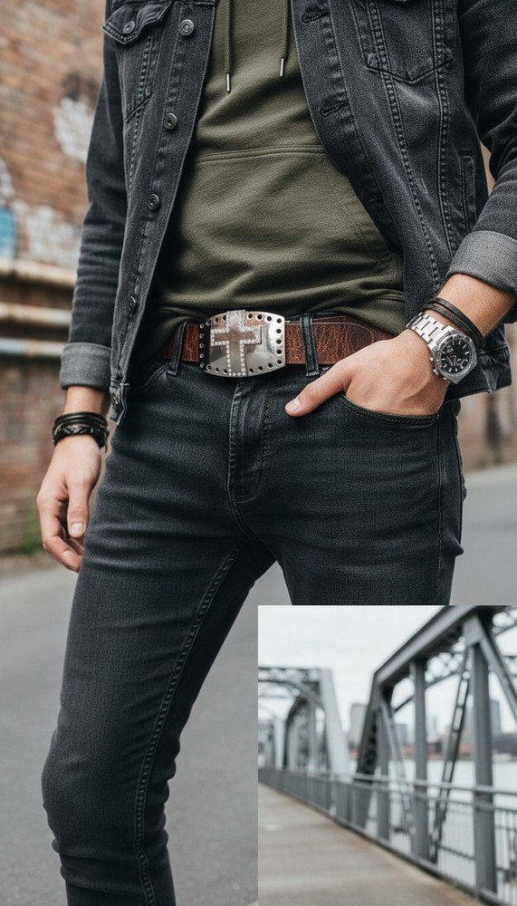 Men’s Dress Western Belt Buckle Silver Cross Rhinestone Wedding Church Formal