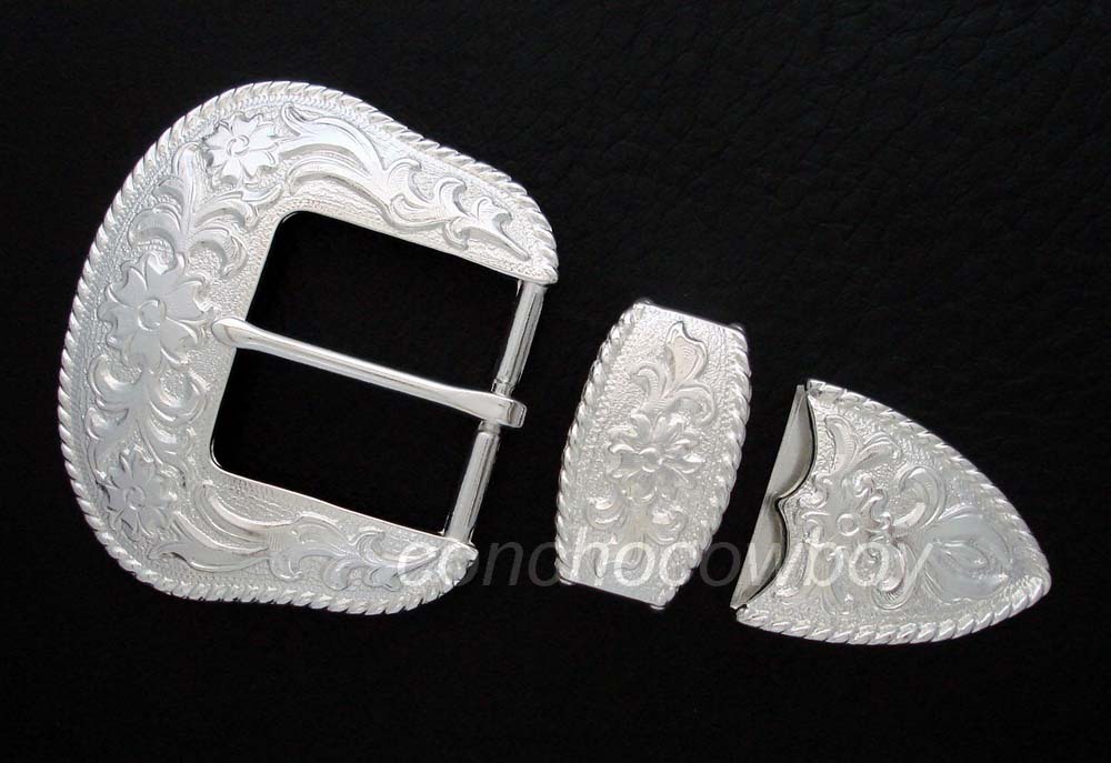 WESTERN BRIGHT SILVER FLORAL ENGRAVED ROPE EDGE BELT BUCKLE SET FIT 1-1/2&Prime; STRAP