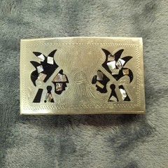 Vtg Alpaca Mexico Abalone Inlay Belt Buckle Hand Engraved Folk Art Western 3&Prime;