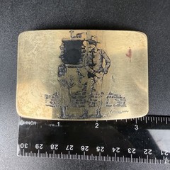 Vtg Remington Brass Belt Buckle Western Cowboy Ruins Girl Cat Etched Signed