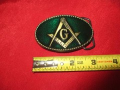 Masonic OVAL buckle green gold/ brass 2&Prime; x 3&Prime; fits aprx 1 5/8&Prime; belt mason symbol