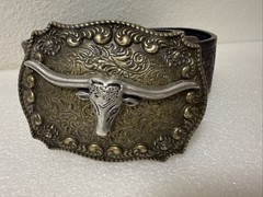 Men’s Size 33&Prime;-38&Prime; Brown Embossed Western Belt W/ Longhorn Buckle, Studded Edge
